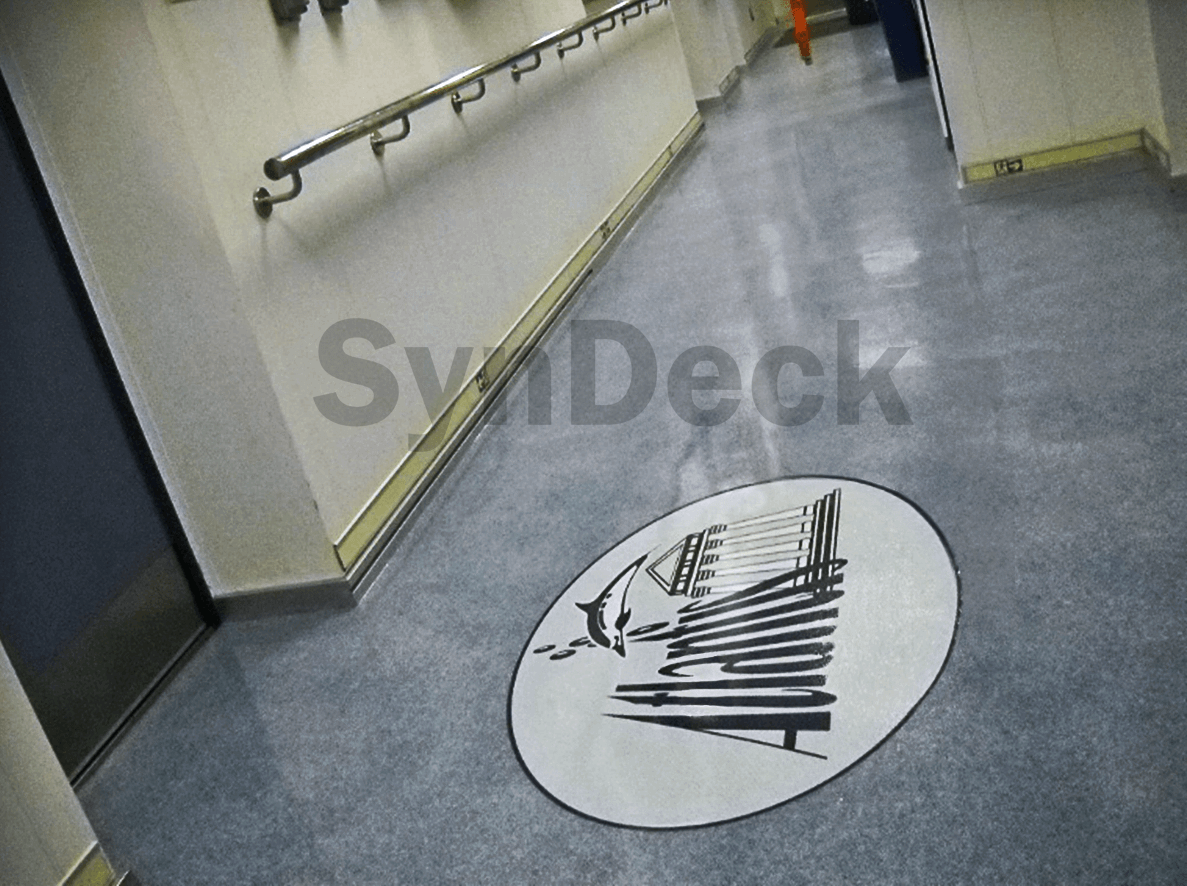 Image of SynDeck Completed Super Light Terrazzo System in Black, White and Grey on Container Ship Passageway